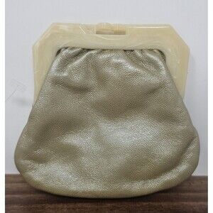 Vintage Green Italian Leather Cream Marbled Tortoise Shell Kiss Lock Coin Purse